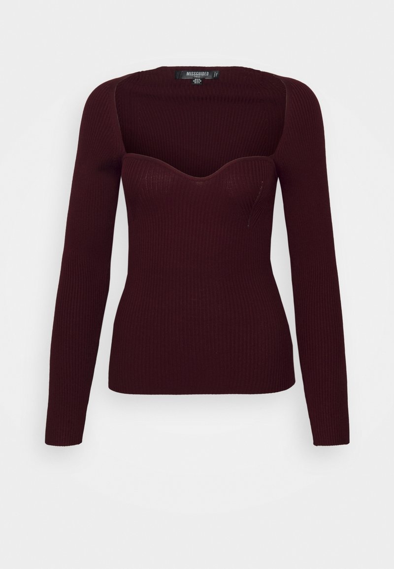 Haut côtelé bordeaux foncé à manches longues avec un col carré et un design ajusté style bustier.