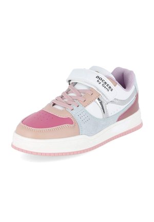 Różowo-beżowo-szaro-białe dziecięce trampki sznurowane z białym paskiem na rzep oznaczone "DOCKERS by Gerli"