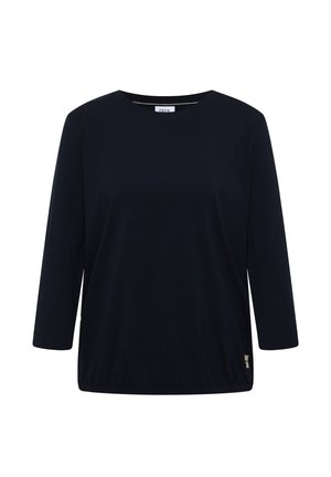 Czarna bluza z długim rękawem i okrągłym dekoltem, z elastycznym obszyciem u dołu i małym logo w pobliżu dolnej krawędzi, prezentowana na białym tle.