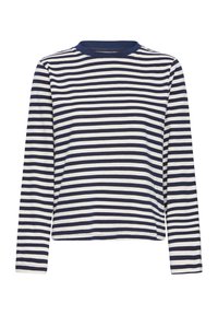 Tumesinise ja valge triibuline pikkade varrukatega särk, millel on ümarlõikega kaelus, valmistatud pehmest, kerge kaaluga kangast; sirge äärega ja küljetõmblustega.