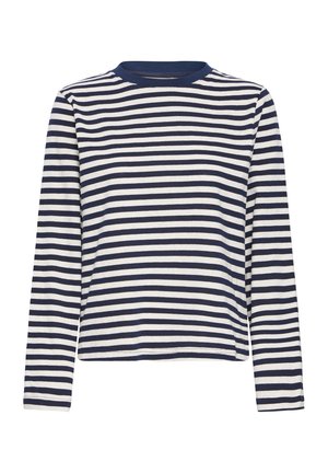 Tumši zils un balti svītrains garām piedurknēm krekls ar apaļu apkakli, izgatavots no mīksta, viegla auduma; raksturīga taisna apakša un sānu atgriezumi.