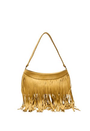Gul skuldertaske i læder med fletrem og lange frynser, der hænger langs den nederste kant.
