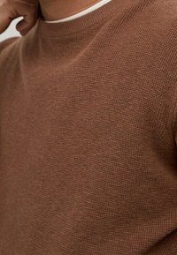 Brązowy sweter dziany o fakturowanej powierzchni, z okrągłym dekoltem i lekko dopasowanym krojem. Bez widocznych wzorów ani ozdób.