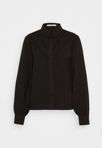 Black button-up shirt with a collared neck, textured fabric, and detailed lace trim on the chest. Features long sleeves with fitted cuffs.