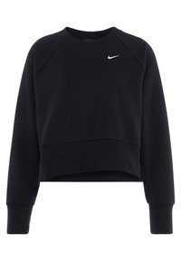 Zwarte cropped sweatshirt gemaakt van zachte stof, met een ronde halslijn, brede manchetten en een klein wit logo op de borst.