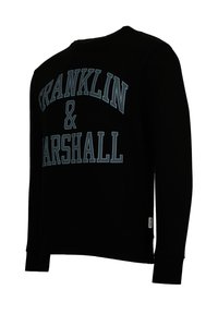 Sweatshirt noir arborant "FRANKLIN & MARSHALL" imprimé en bleu clair. Manches longues, col rond et poignets et ourlet côtelés. Texture de tissu douce.