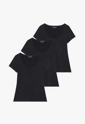 Drie zwarte t-shirts met korte mouwen, gemaakt van zachte stof, met een ronde hals en een klassieke pasvorm met een gladde textuur.
