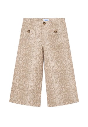 Shorts beige a gamba larga con motivo stampa serpente, tasche frontali e dettagli con bottoni sulle tasche e sulla vita.