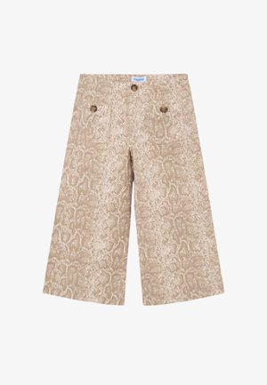 Shorts beige a gamba larga con motivo stampa serpente, tasche frontali e dettagli con bottoni sulle tasche e sulla vita.