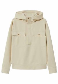 Beige Kapuzenpullover mit Viertelreißverschluss, zwei vorderen aufgesetzten Taschen mit Druckknöpfen und einer entspannen Passform. Weicher, glatter Stoff.