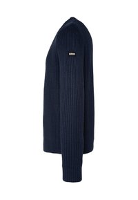 Granatowy, dziergany sweter o prążkowanej fakturze. Posiada długie rękawy i małą czarną naszywkę z logo na lewym ramieniu.