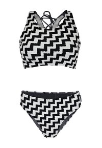 Black and white zigzag patterned bikini, featuring a crop top with crisscross straps and matching hipster-style bottom. Smooth fabric texture.