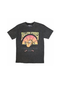 Black cotton t-shirt featuring a distressed design with "Rolling Stones," a red and yellow sunset graphic, and the text "American Tour 1972."