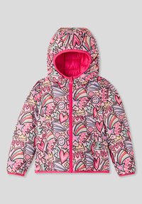 Giacca colorata rosa con cappuccio, caratterizzata da un design giocoso con cuori, arcobaleni e stelle. Chiusura con cerniera sul davanti e fodera interna isolante.