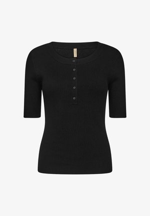 Czarny prążkowany top z krótkim rękawem, z okrągłym dekoltem i pięcioma czarnymi guzikami z przodu. Teksturowana tkanina o dopasowanym kroju.