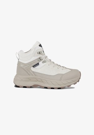 Beige Wanderschuhe mit einem strukturierten Obermaterial, verstärktem Knöchel und robustem Profil. Enthält eine Schnürung und wasserdichte Akzente.