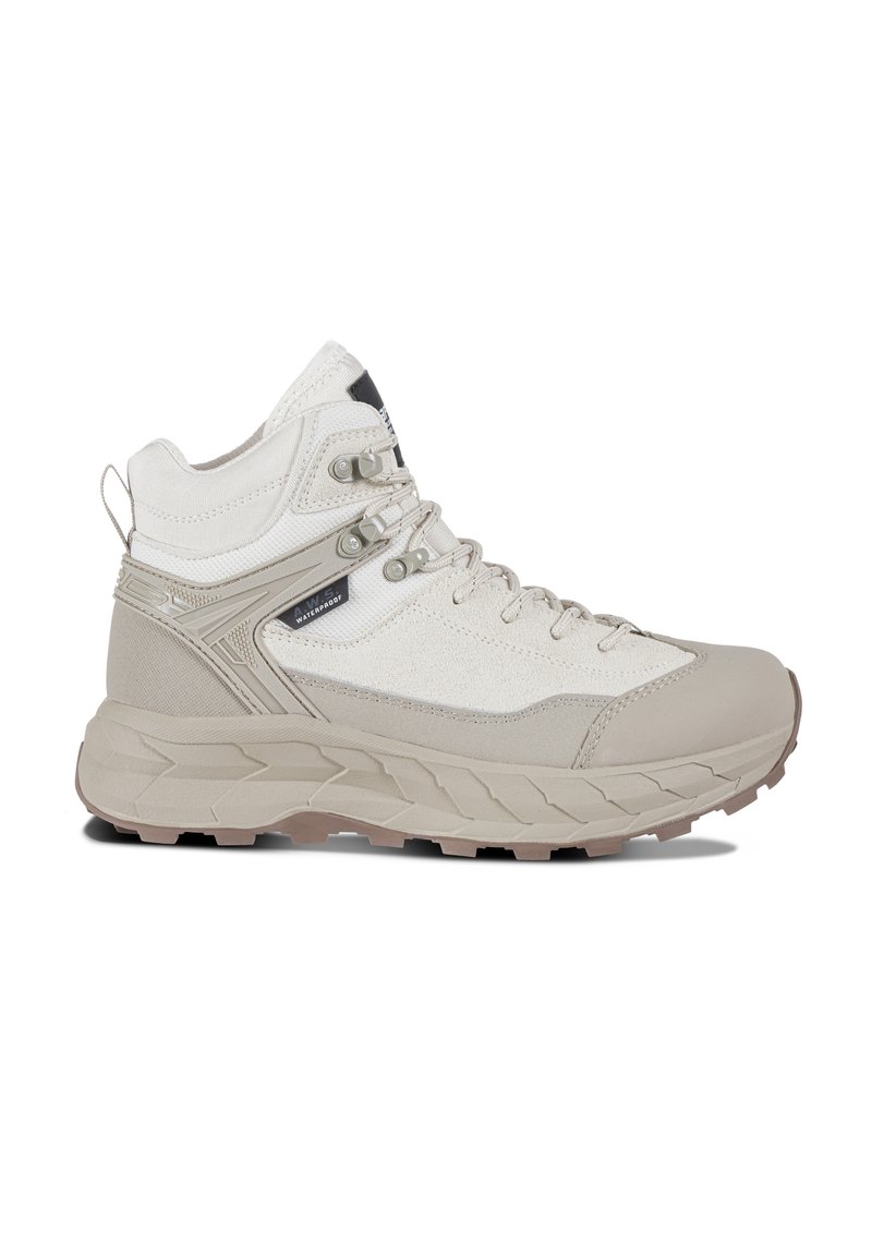 Beige hiking boots with a textured fabric upper, reinforced ankle, and chunky sole. Includes lace-up closure and waterproof accents.