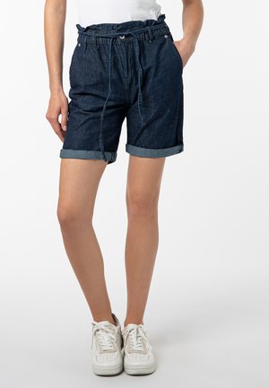 Dunkelblaue Jeansshorts mit einem elastischen Bund, umgeschlagenen Säumen und Seitentaschen, die einen lässigen Schnitt und eine glatte Textur aufweisen.