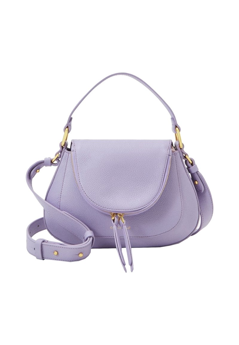 Piccola borsa a tracolla in pelle lavanda con patta arrotondata, due zip dorate, manico superiore e tracolla regolabile.