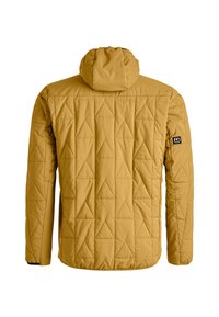 Gepolsterte Jacke in Senfgelb mit Kapuze. Verfügt über ein dreieckiges Steppmuster und ein Logo-Patch auf dem linken Ärmel. Glatte Textur.