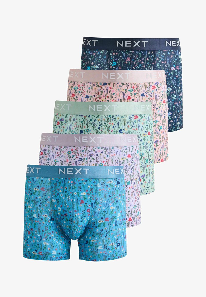 Cinq paires de boxers pour hommes à motifs floraux en bleu, violet, vert, rose et marine, chacune avec une ceinture marquée "NEXT".