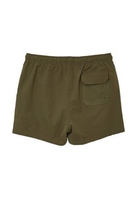 Olivgrüne Badeshorts aus texturiertem Material, mit elastischem Bund und einer Gesäßtasche mit Klappenverschluss.