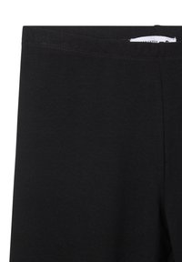 Leggings neri in cotone elasticizzato, caratterizzati da una texture liscia, vita elastica e un design semplice e uniforme.