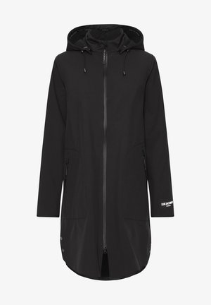 Giacca nera con cappuccio caratterizzata da una chiusura con zip, due tasche laterali e dettagli con bottoni a pressione all'orlo. Realizzata in un materiale liscio e leggero.