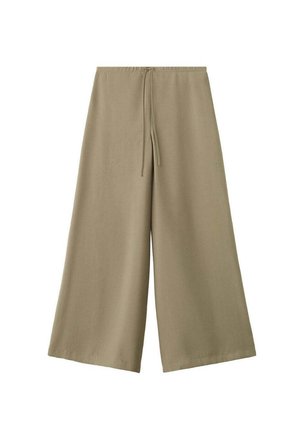 Pantaloni beige a gamba larga con vita elastica e coulisse, realizzati in tessuto leggero.