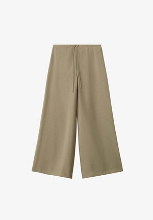 Pantaloni beige a gamba larga con vita elastica e coulisse, realizzati in tessuto leggero.