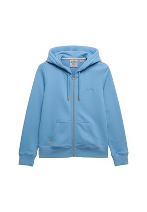 Felpa con cappuccio e zip azzurro chiaro, con tasche frontali, cappuccio con coulisse e logo "Superdry" discreto sul petto.