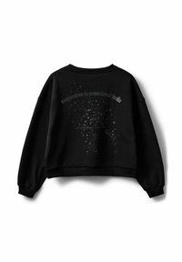 Hanorac scurt negru cu mâneci lungi. Text pe spate, în culoarea gri: „saupoudrez de poussière d'étoile” cu detaliu grafic de stea.