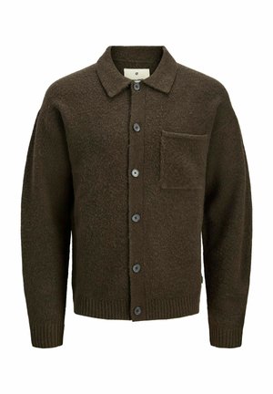 Brown wool cardigan with a collared neck, button-down front, and a single chest pocket. Features ribbed cuffs and hem for enhanced texture.