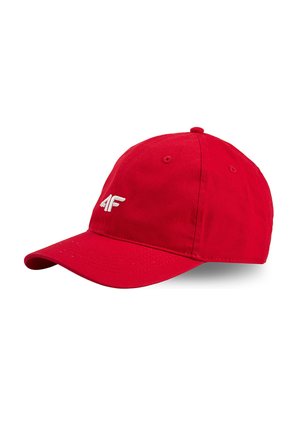 Czerwona czapka baseballowa z zakrzywionym daszkiem i białym logo "4F" z przodu, pokazana na jednolitym białym tle.