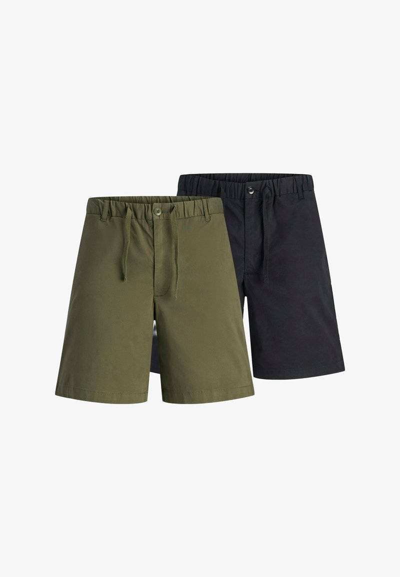 Zwei Paare knielanger Shorts: eine in Olivgrün und eine in Schwarz. Beide verfügen über einen elastischen Bund, einen Knopfverschluss und eine glatte Stoffoberfläche.