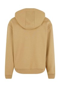 Beiger Kapuzenpullover mit einfachem Design, weicher Textur, gerippten Bündchen und geradem Saum. Rückansicht gezeigt.