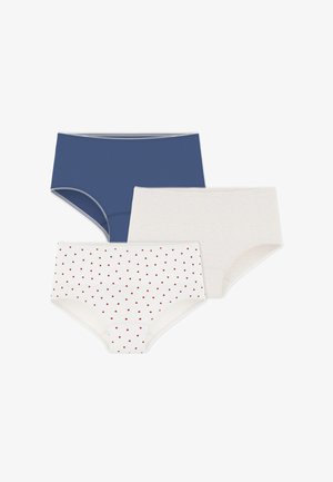 Drei Paar Damenunterhosen: eine marineblaue, eine einfarbige cremefarbene und eine cremefarbene mit roten Herzmustern. Hergestellt aus weichem Baumwollmix.