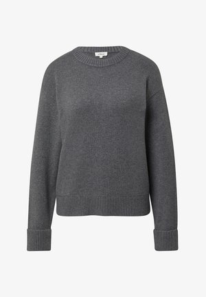 Tamno sivi pleteni džemper s dugim rukavima i rebrastim manžetama i rubom, prikazan na bijeloj pozadini.