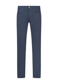 Donkerblauwe jeans met een rechte pasvorm, voorzien van een sluiting met een knoop aan de voorkant, vijf zakken en minimale stiksels.
