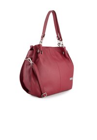 Red leather handbag with a textured finish, featuring a single shoulder strap and silver hardware accents. Side zipper closure detail.