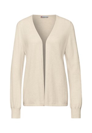 Beige offene Damen-Cardigan mit langen Ärmeln und gerippten Bündchen, aus weichem Strickstoff gefertigt.