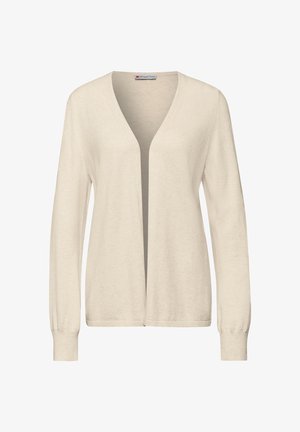 Beige åben-front cardigan til kvinder med lange ærmer og ribkanter, lavet af blødt strikstof.