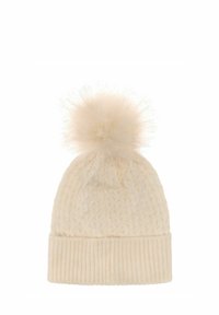 Wełniana czapka w jasnym kremowym kolorze z prążkowanym mankietem i puszystym pom-ponem na górze, z teksturowanym wzorem w warkocze na całej powierzchni.