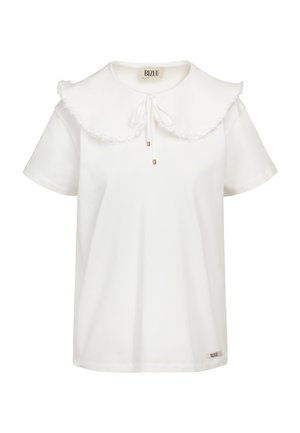 Wit topje met korte mouwen, met een grote gerimpelde Peter Pan-kraag en een voorstrik met gouden metalen uiteinden.