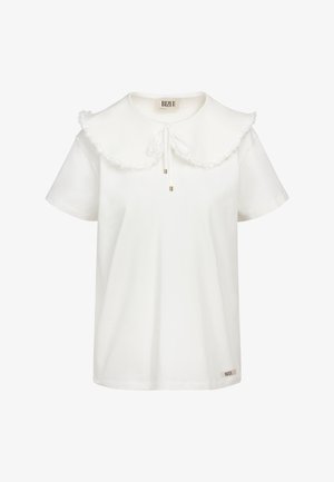 Wit topje met korte mouwen, met een grote gerimpelde Peter Pan-kraag en een voorstrik met gouden metalen uiteinden.