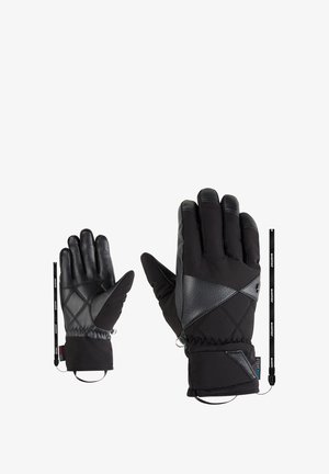 Schwarze Winterhandschuhe mit einer strukturierten Lederinnenfläche, einem gesteppten Stoffkörper und einem kontrastierenden schwarzen Akzent am Handgelenk mit einem Riemen.