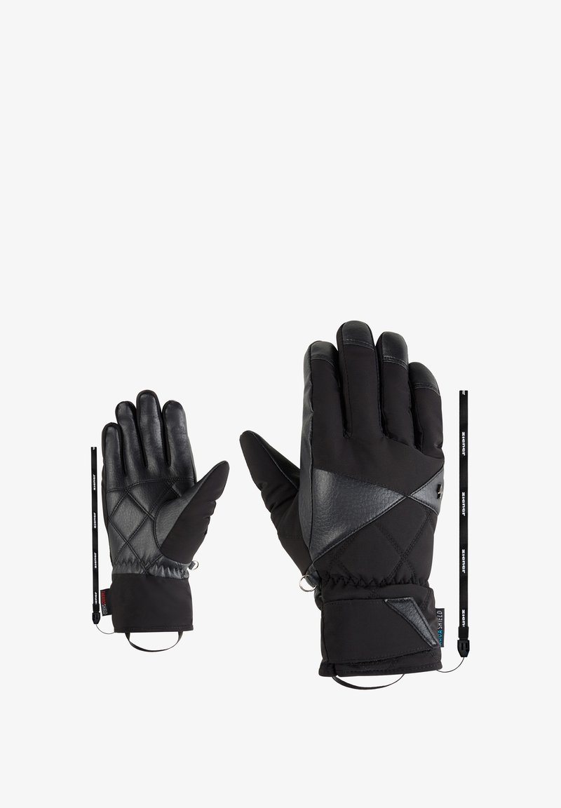 Schwarze Winterhandschuhe mit einer strukturierten Lederinnenfläche, einem gesteppten Stoffkörper und einem kontrastierenden schwarzen Akzent am Handgelenk mit einem Riemen.