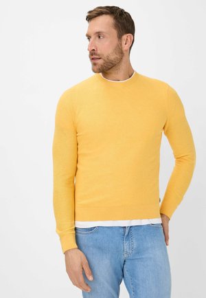 Yellow knitted pullover with a round neck, made from a soft texture. Features long sleeves and a fitted hem, paired with light blue jeans.