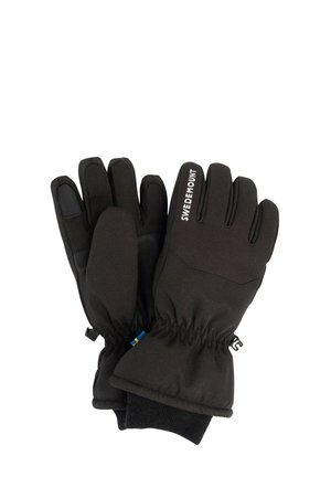 Black, insulated gloves made of soft fabric with elastic cuffs. Features a logo "SWEDEMOUNT" and textured grip on the palm and fingers.