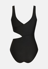 Zwart badpak met kruislings ontwerp, brede banden en een uitsnijding in de taille. Gemaakt van gladde, elastische stof.